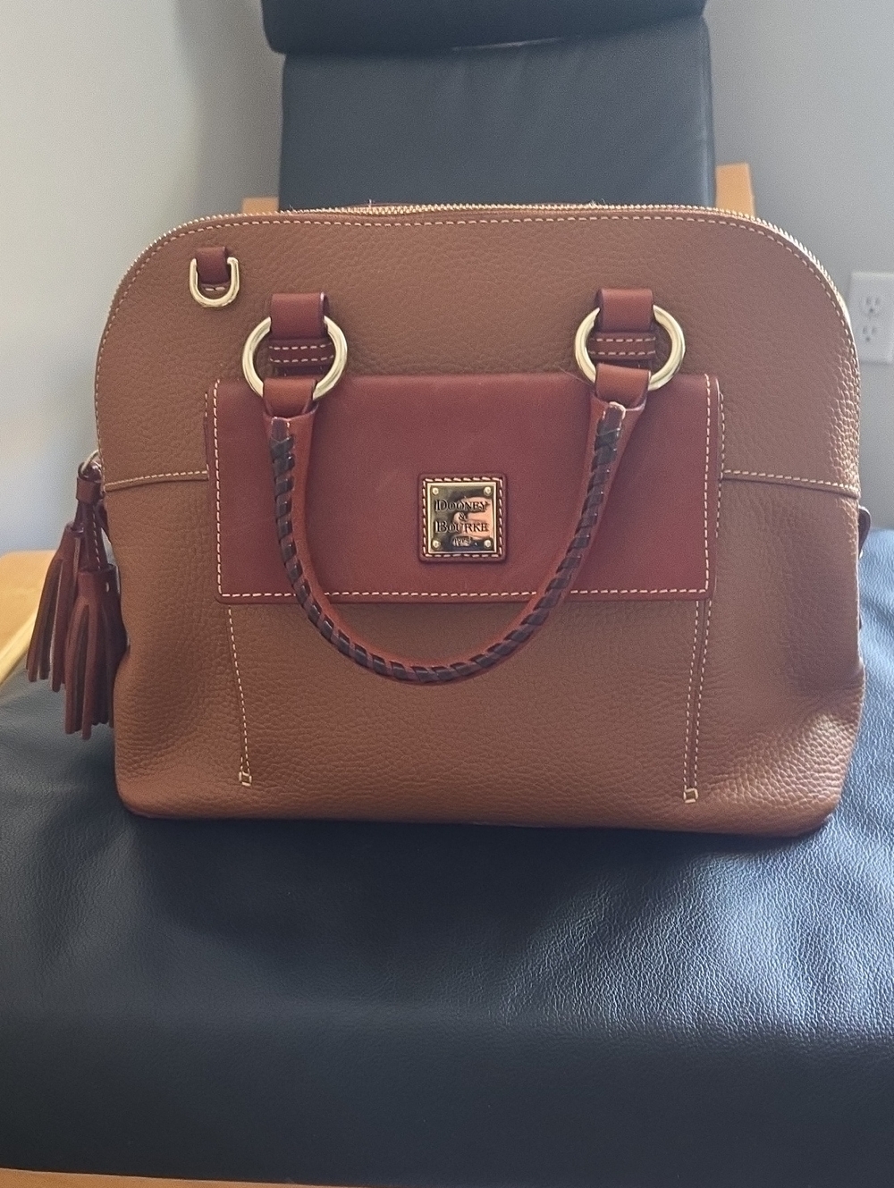 Dooney & Bourke Brown Pebbled Leather Satchel with Braided Handle and Tassel